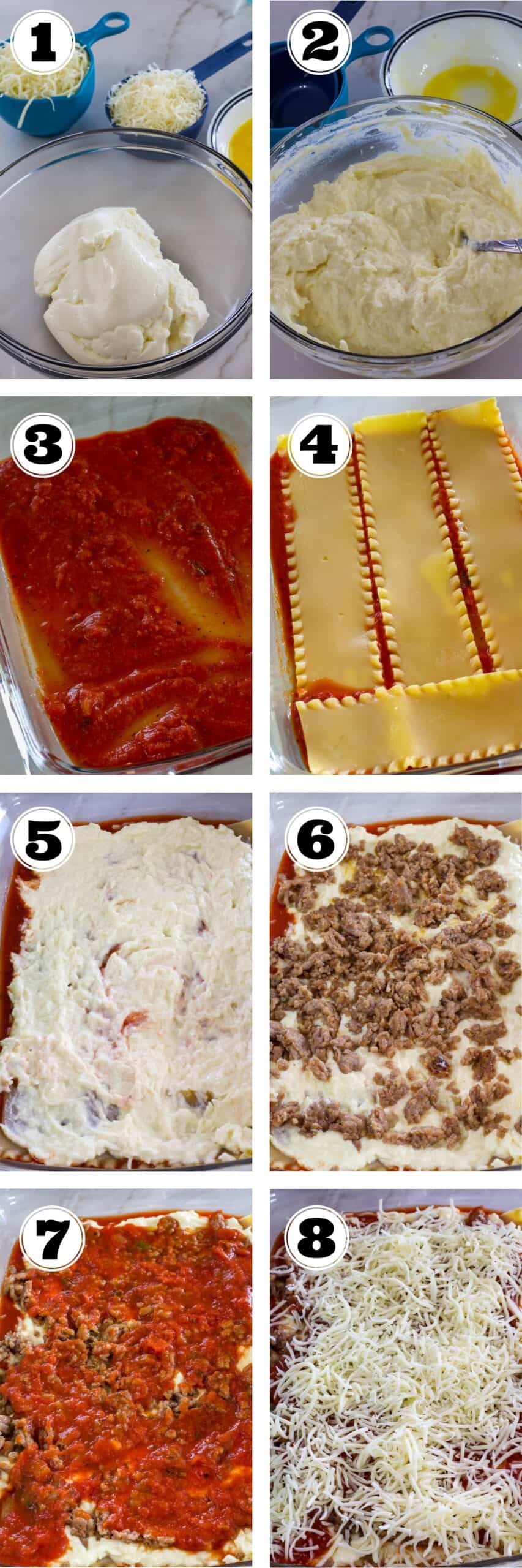 A collage of eight images showing the steps it takes to mix the ricotta cheese and layer the ingredients in the casserole dish.