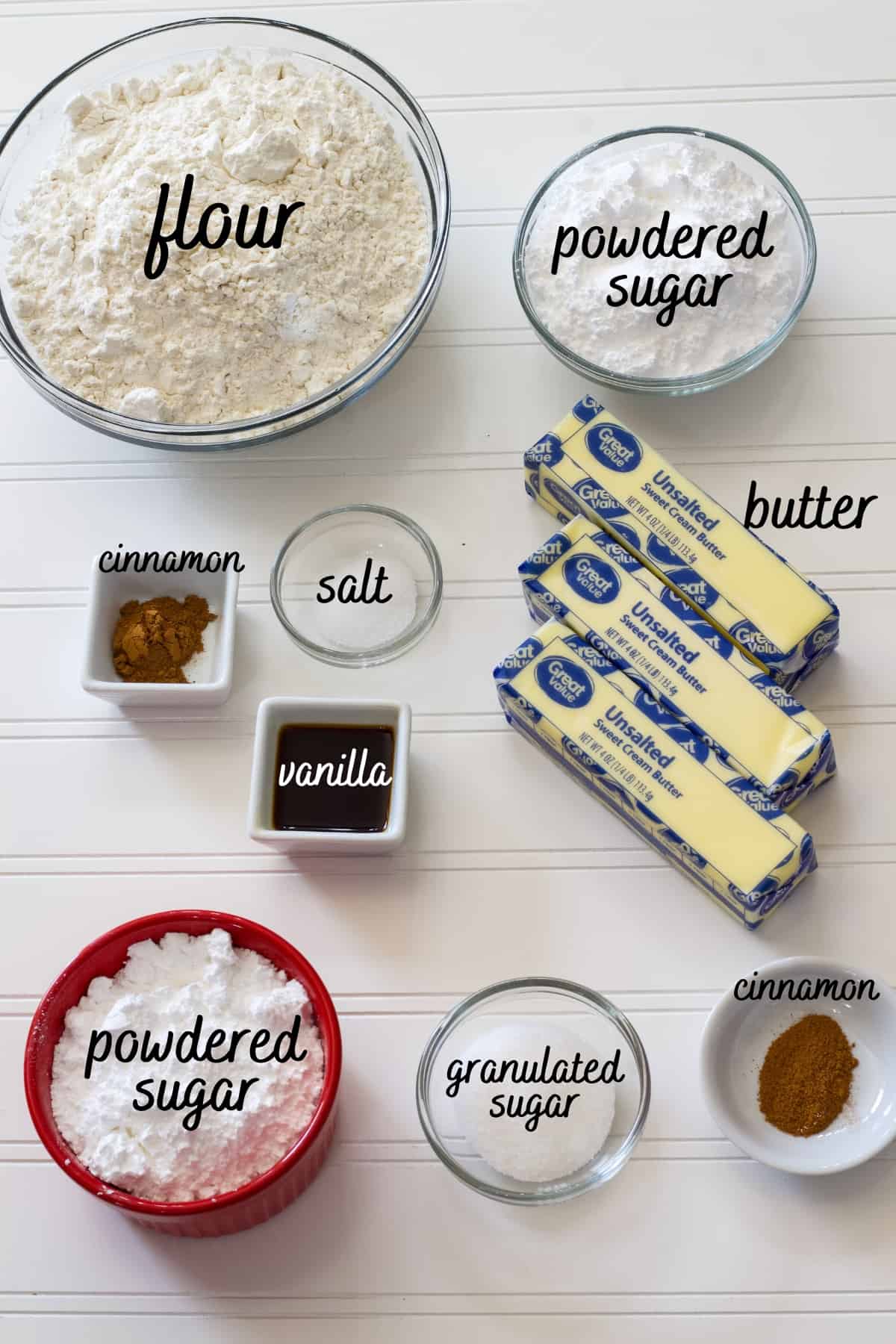 All of the ingredients to make the cookies on a white background with the titles of the ingredients over them.