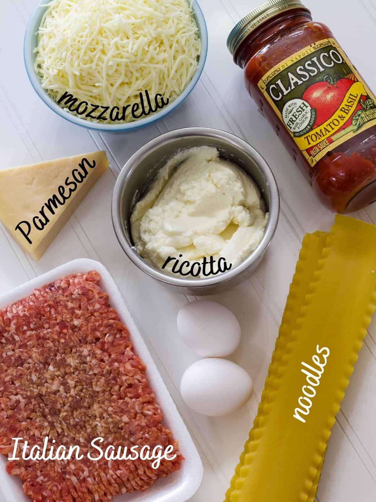 All seven ingredients needed to make the recipe with the title of the ingredient in text near them.