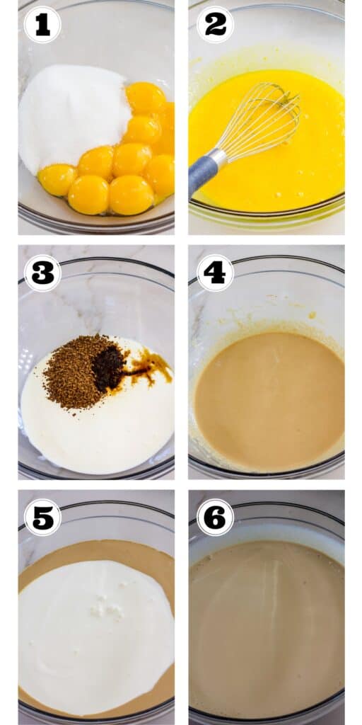 A collage of 6 images showing the egg yolks and sugar, unbeaten and beaten. It also has the coffee being mixed with the cream and the egg mixture being mixed with the cream mixture.