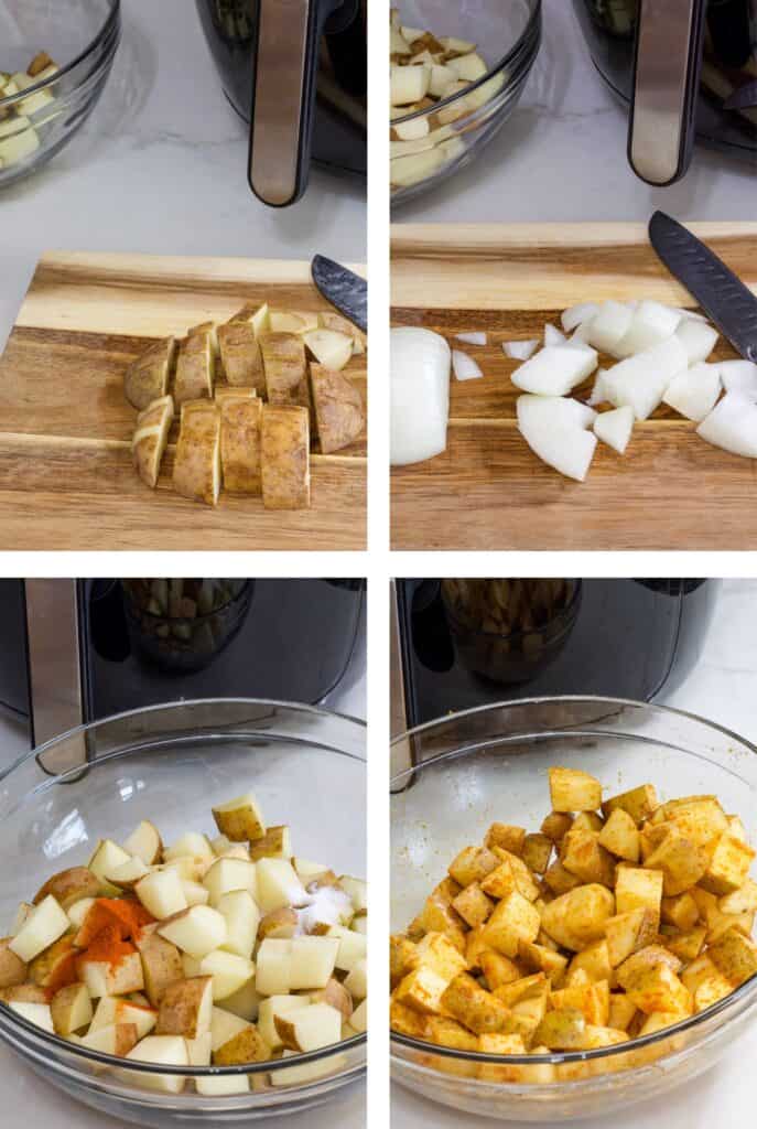 A collage of four images showing the potatoes and onions being cut and then mixed in a glass bowl with the oil and spices.