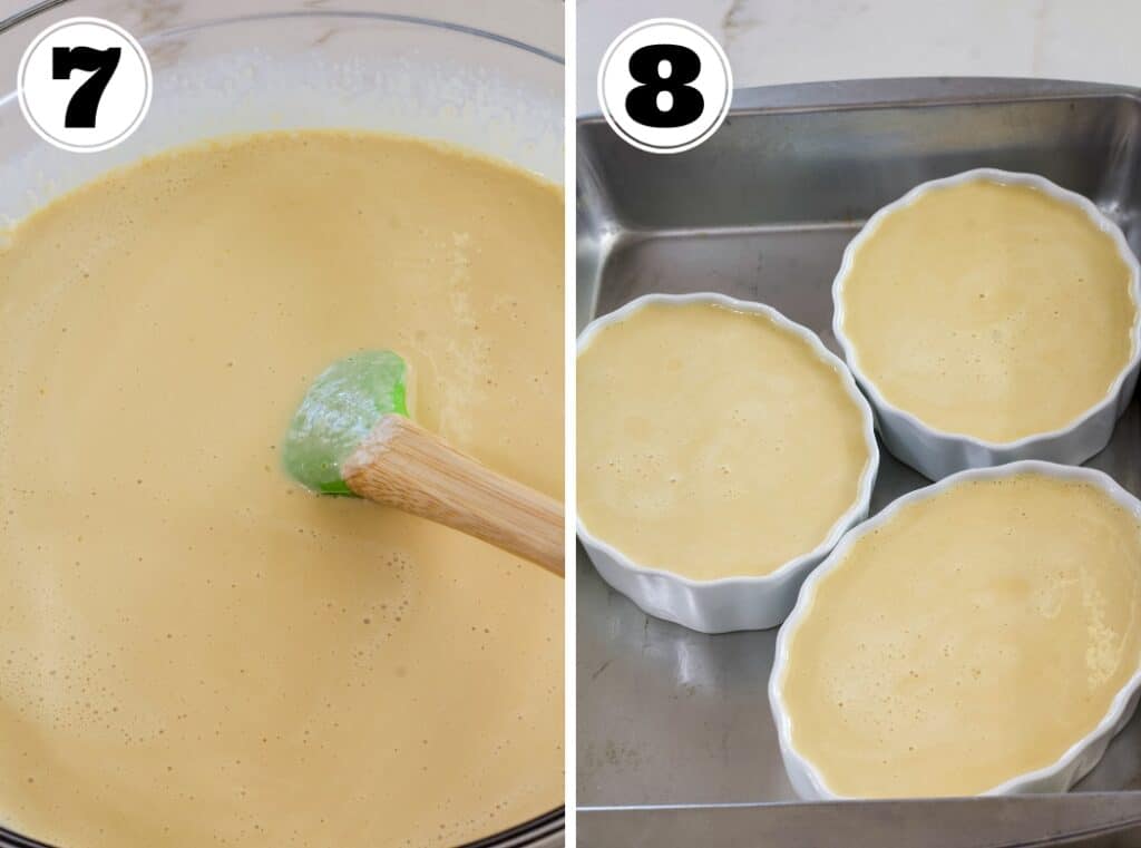 Side by side photos of the finished custard mixture in a large glass bowl and in 3 oblong ramekins.