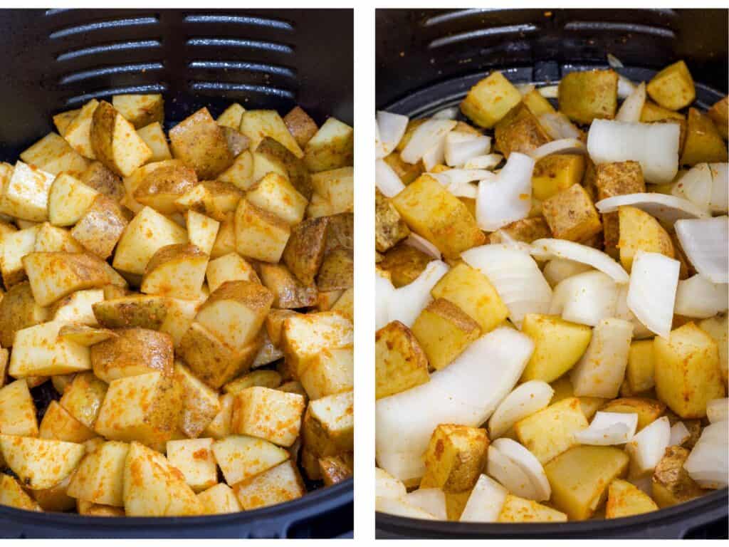 Side by side images of the potatoes in the air fryer basket on the left and the potatoes and onions in the basket on the right.