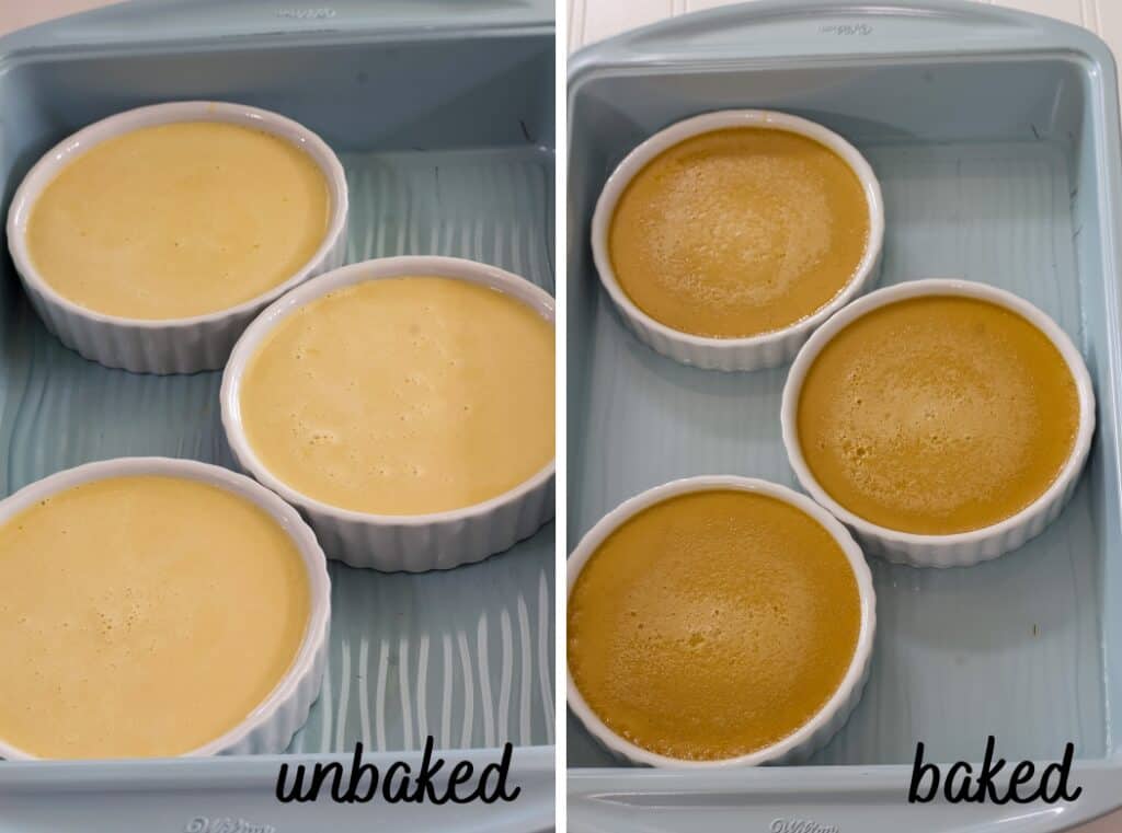 Side by side images of the custard in 3 round ramekins, unbaked and baked.