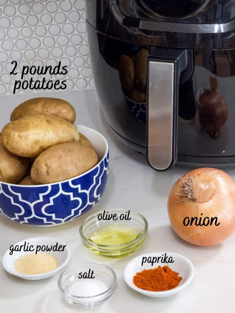 All of the ingredients needed sitting on the counter in front of the air fryer. The ingredients are labeled.