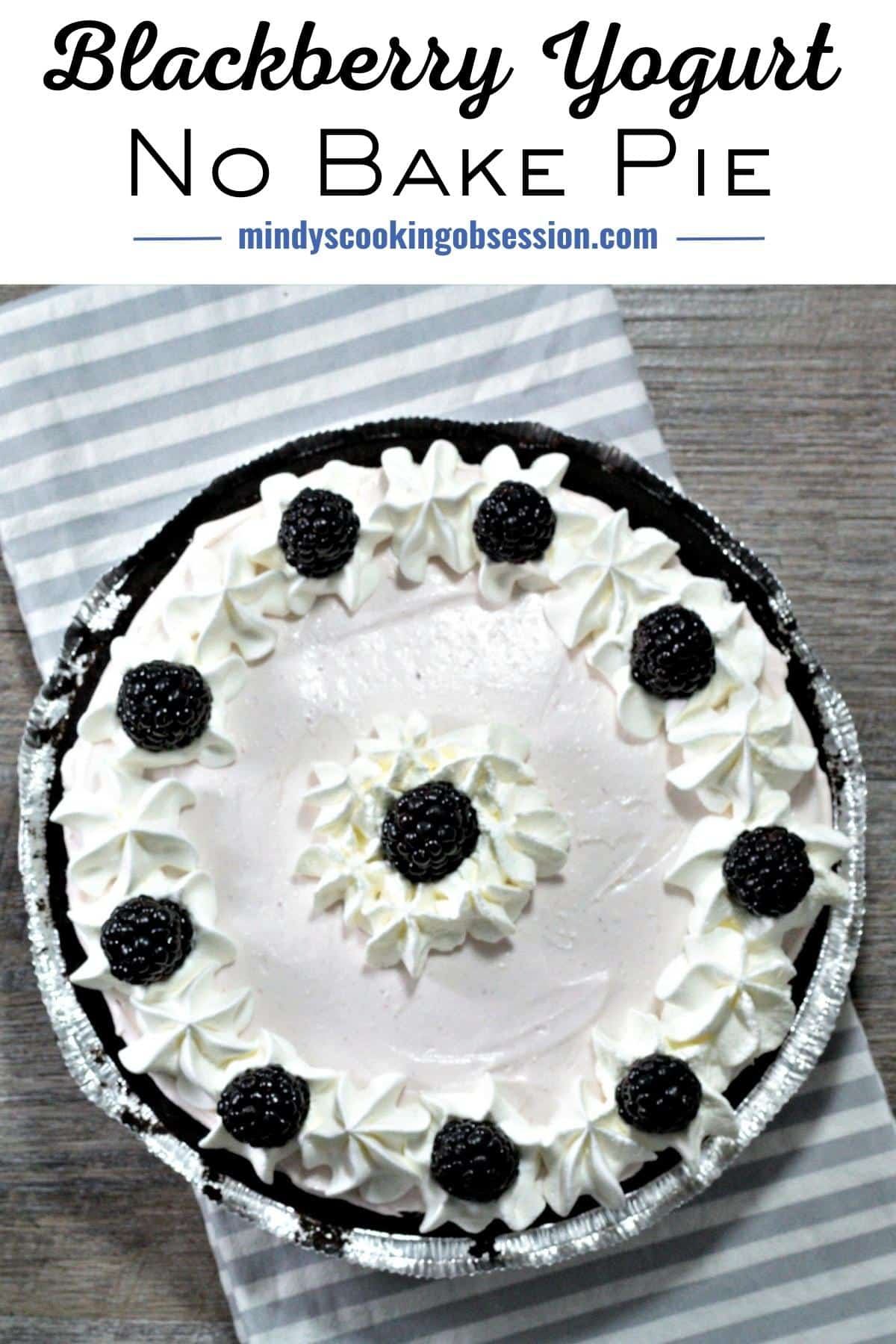 Easy Blackberry Yogurt No Bake Pie with Cool Whip is an easy and refreshing dessert that is a little bit better for you than traditional pie.  via @mindyscookingobsession