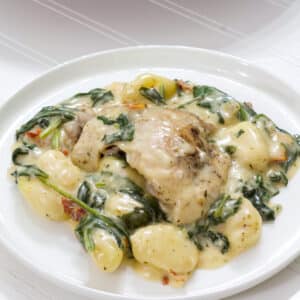 One serving of creamy chicken and gnocchi on a white plate.