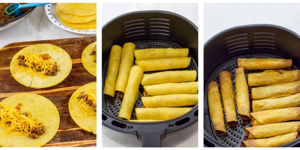 One image of the tortillas open with the filling and one image of the taquitos in the air fryer basket before being air fried and one image showing them after being fried.
