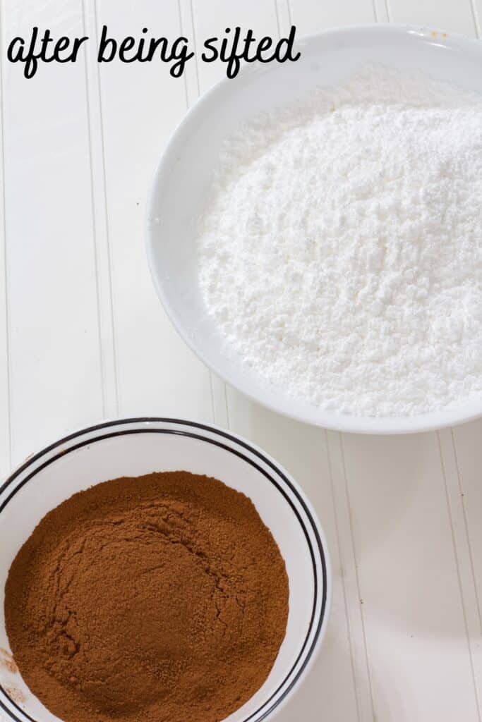 Bowls showing the powdered sugar and cocoa after they have been sifted.