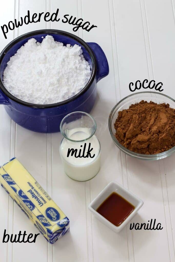 All of the ingredients to make the Easy Hershey's Perfectly Chocolate Frosting Recipe.