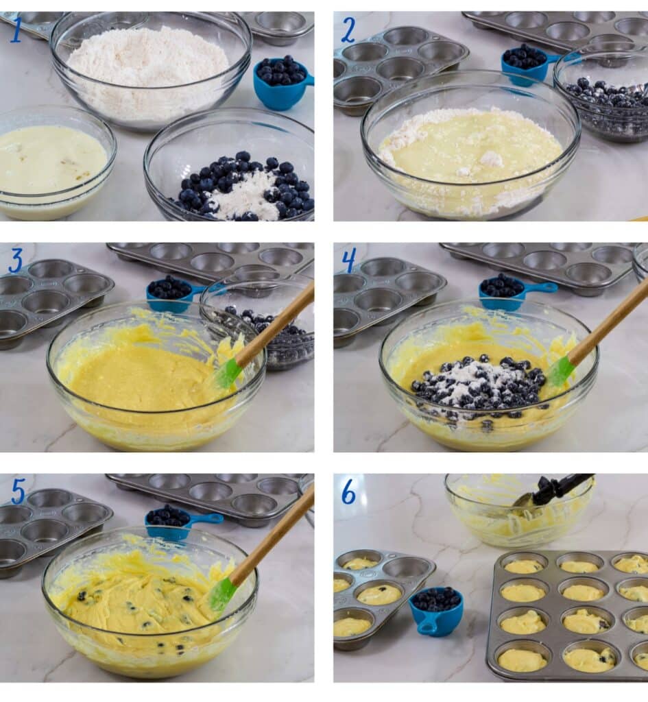 A collage of six images showing the stages of muffin batter being mixed and in the muffin tin ready to go into the oven.