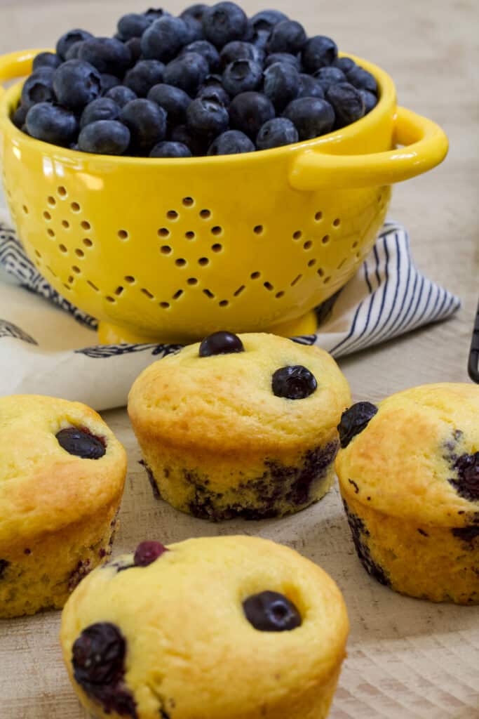 Four blueberry cake mix muffins in the foreground and a yellow bowl of fresh blueberries in the background.