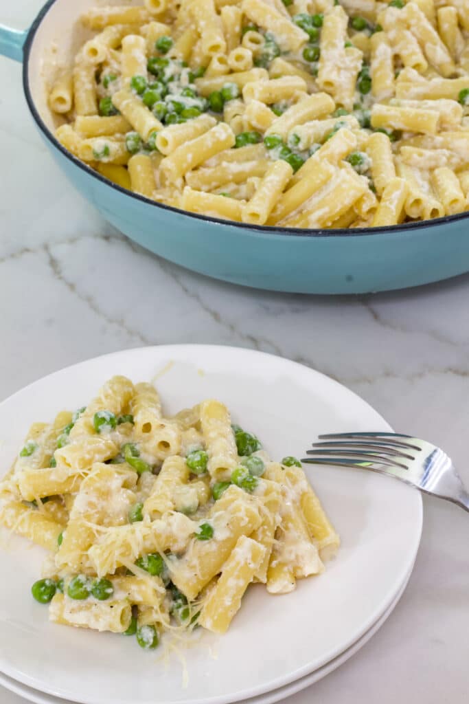 A serving of pasta in the foreground and a skillet of pasta in the background.