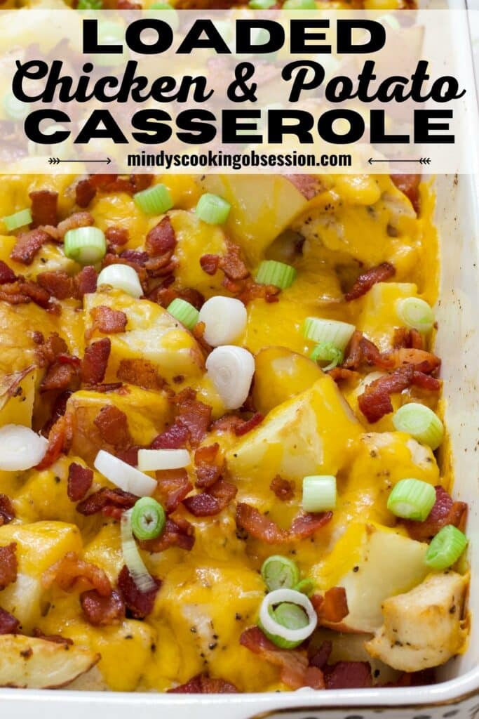 Close up of the corner of a pan full of Easy Loaded Baked Potato and Chicken Casserole with the recipe title above it.