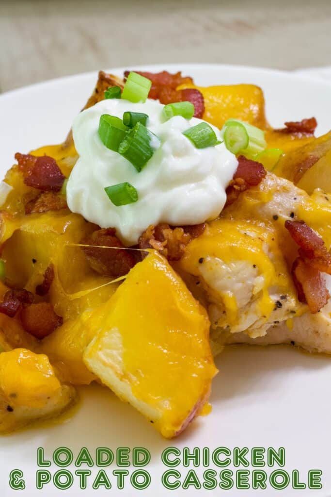 Very close up view of a serving of casserole on a plate with the recipe title in text at the bottom.