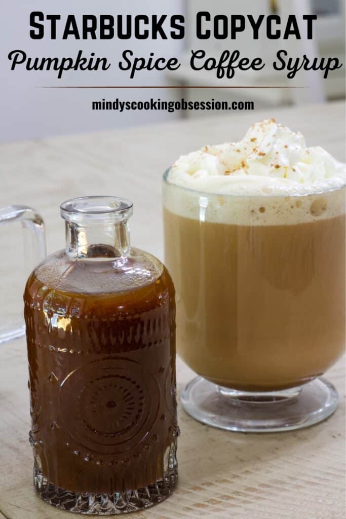 A jar of pumpkin syrup and a cup of pumpkin coffee with the recipe title above it.