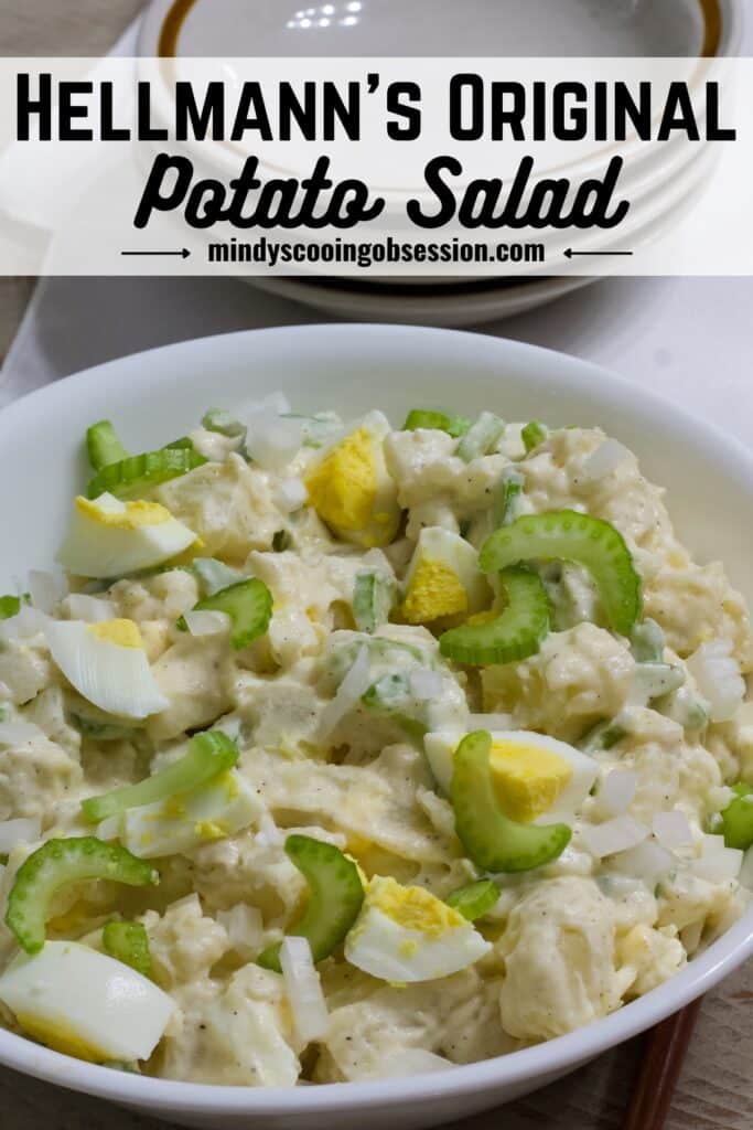 A large bowl of Hellmann's potato salad with the title of the recipe above it so it can be pinned on Pinterest.