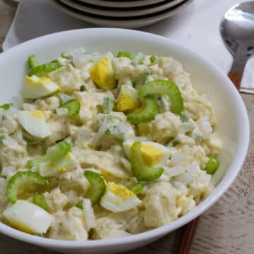 A large bowl of potato salad with cut celery, hard boiled egg and onions that are on top of the potato salad.