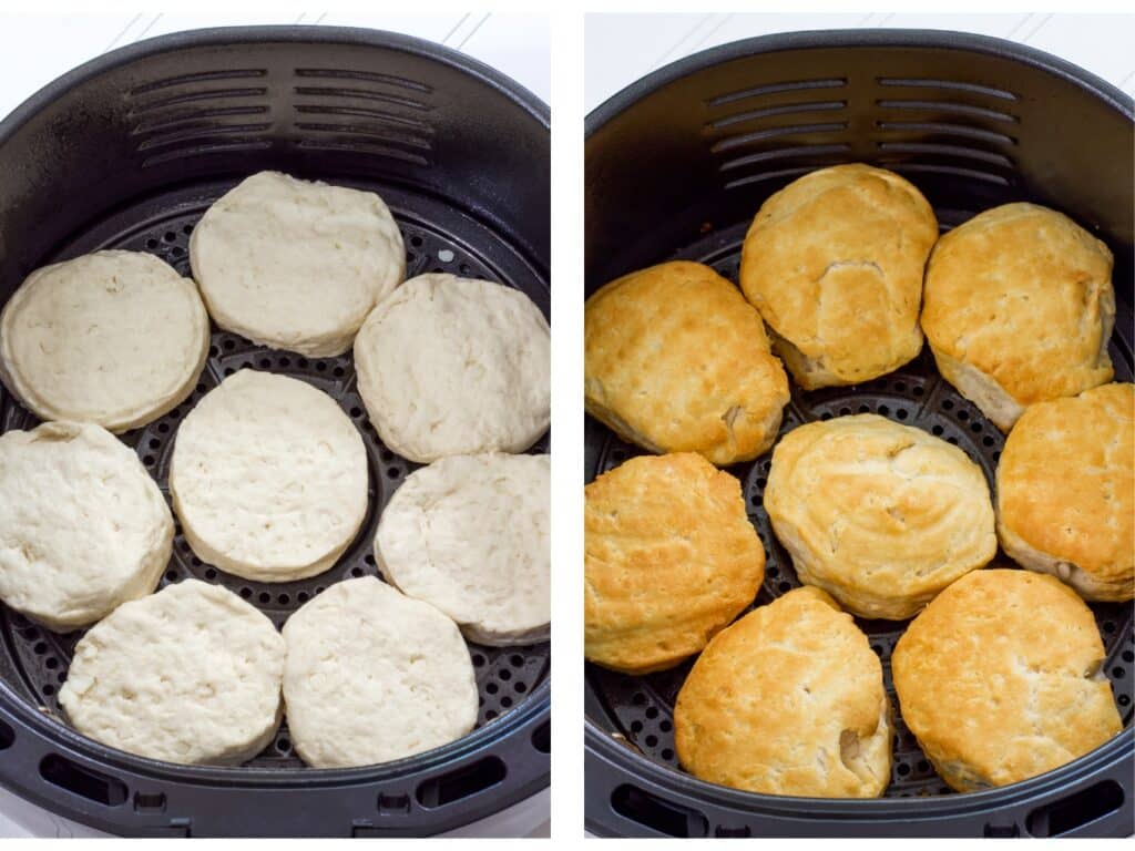 Side by side images of the canned biscuits in the air fryer basket, uncooked on the left and cooked on the right.