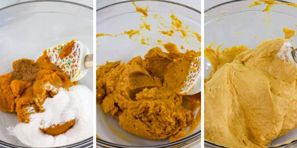 Collage of three images showing the ingredients before and after being mixed and with the whipped topping added.