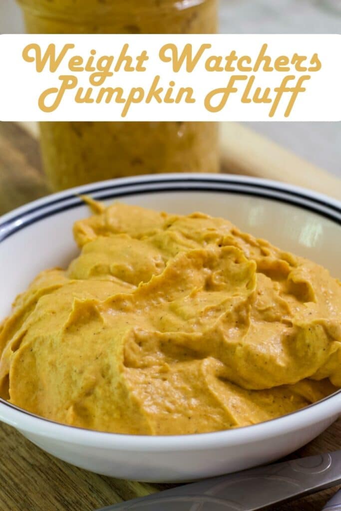 A small bowl filled with pumpkin fluff and the recipe title above it in text.