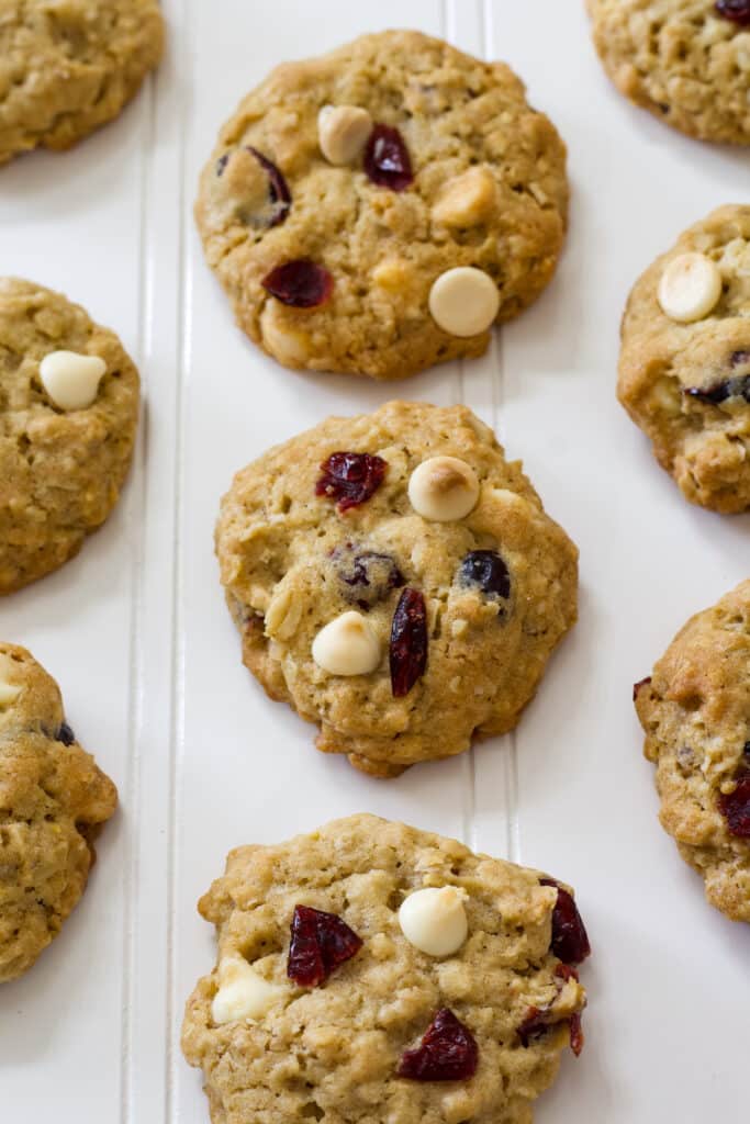 Overhead shot of several Soft Oatmeal White Chocolate Chip Cranberry Cookies.