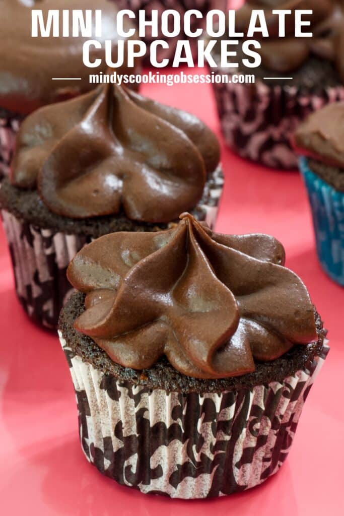Close up of one mini chocolate cupcake with the recipe title above it so it can be pinned on Pinterest.
