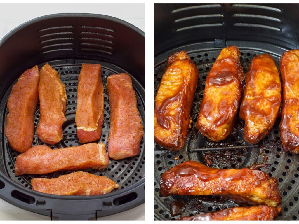 Side by side images of the ribs in the air fryer basket, before being cooked on the left and after being cooked on the right.