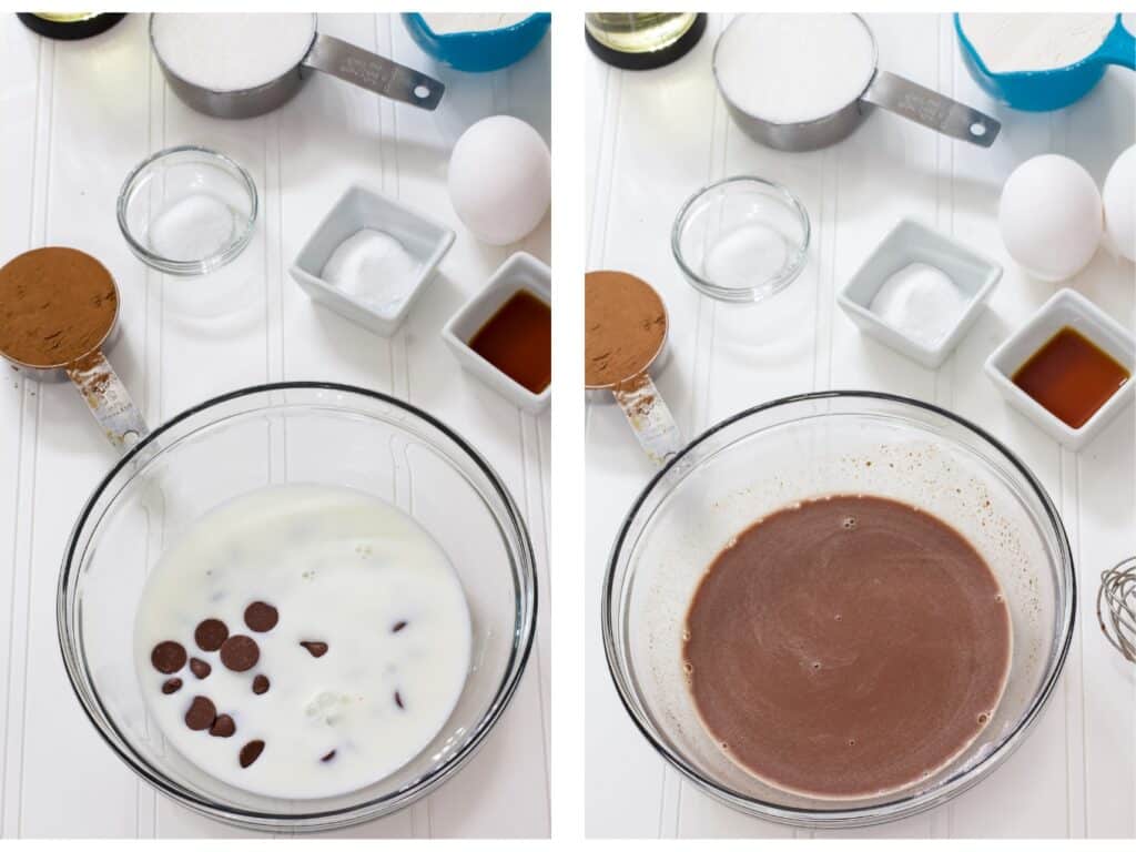 Side by side images showing the chocolate chips and milk in a small glass bowl before and after being cooked in the microwave.