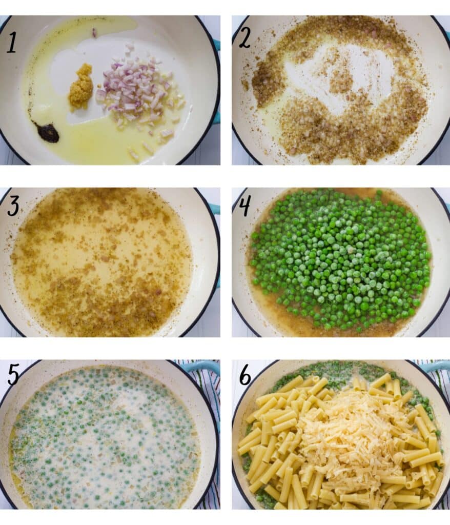A collage of 6 images showing the different steps to make the lemon pasta with peas and ricotta.