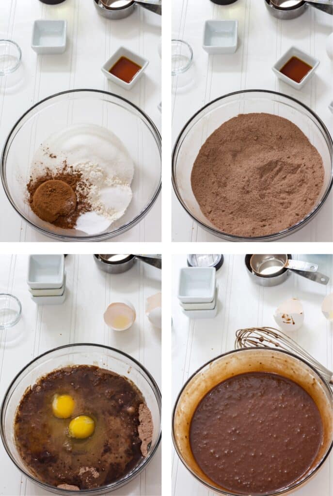 A collage of four images showing the steps to mix the dry ingredients and then add the wet ingredients to them.
