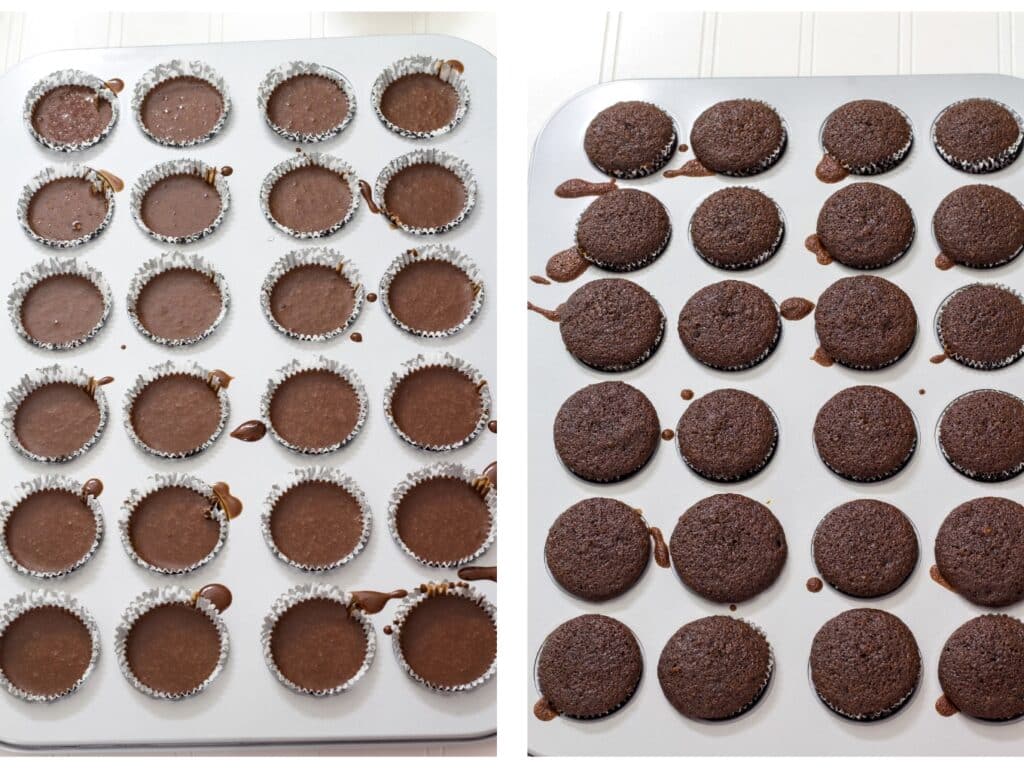 Side by side images of a 24 cup mini muffin tin filled with batter on the left and after being baked on the right.