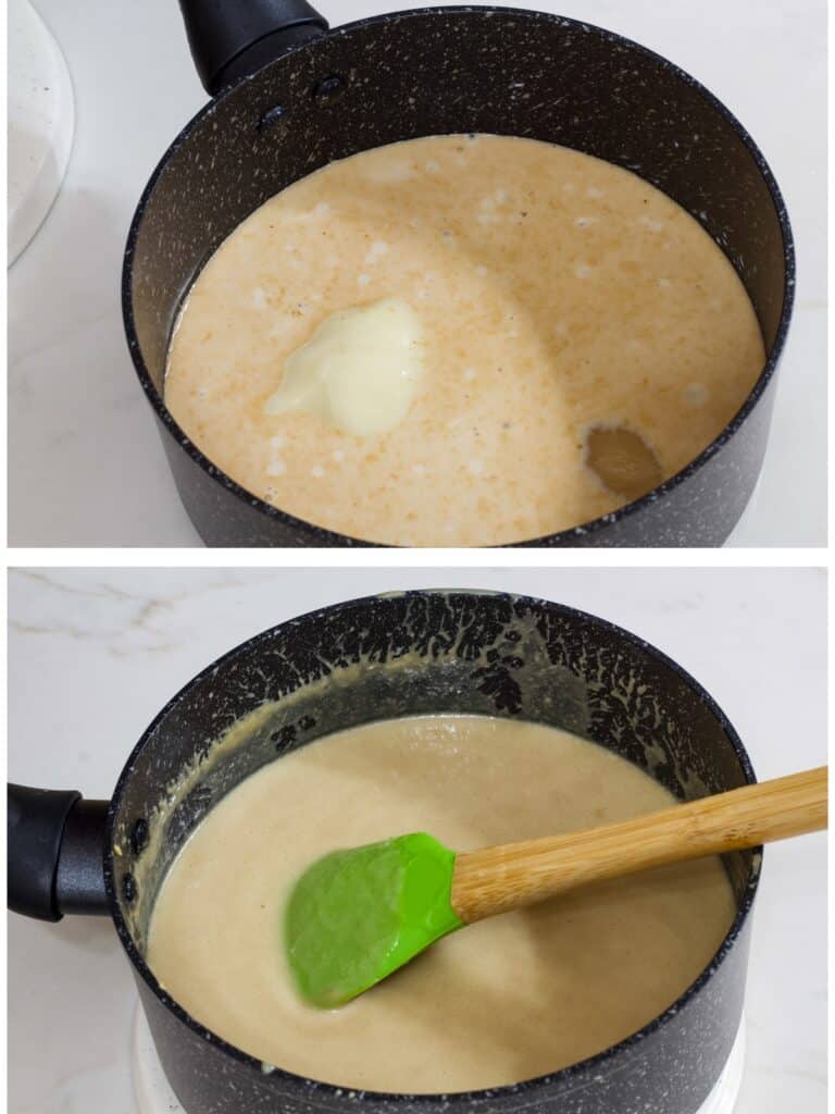 The image on the top has the ingredients in a pan before they are heated and the image on the bottom has the cooked white chocolate mocha syrup in it.