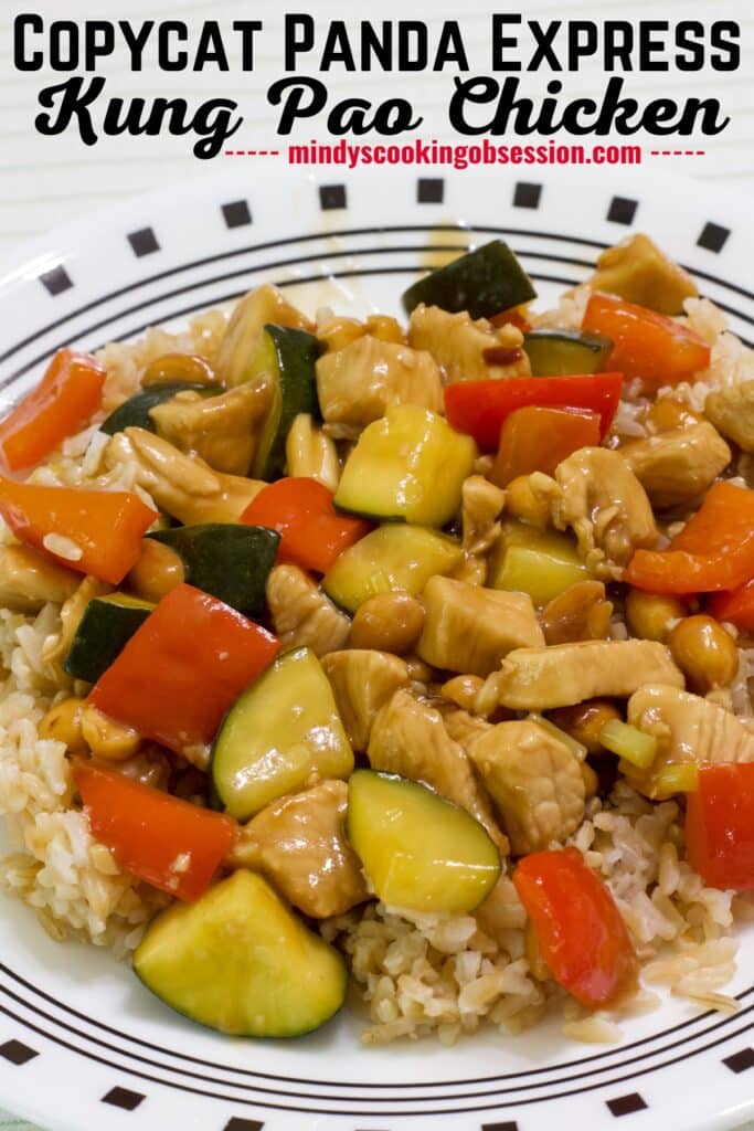 One serving of Easy Copycat Panda Express Kung Pao Chicken over brown rice with the recipe title above it.