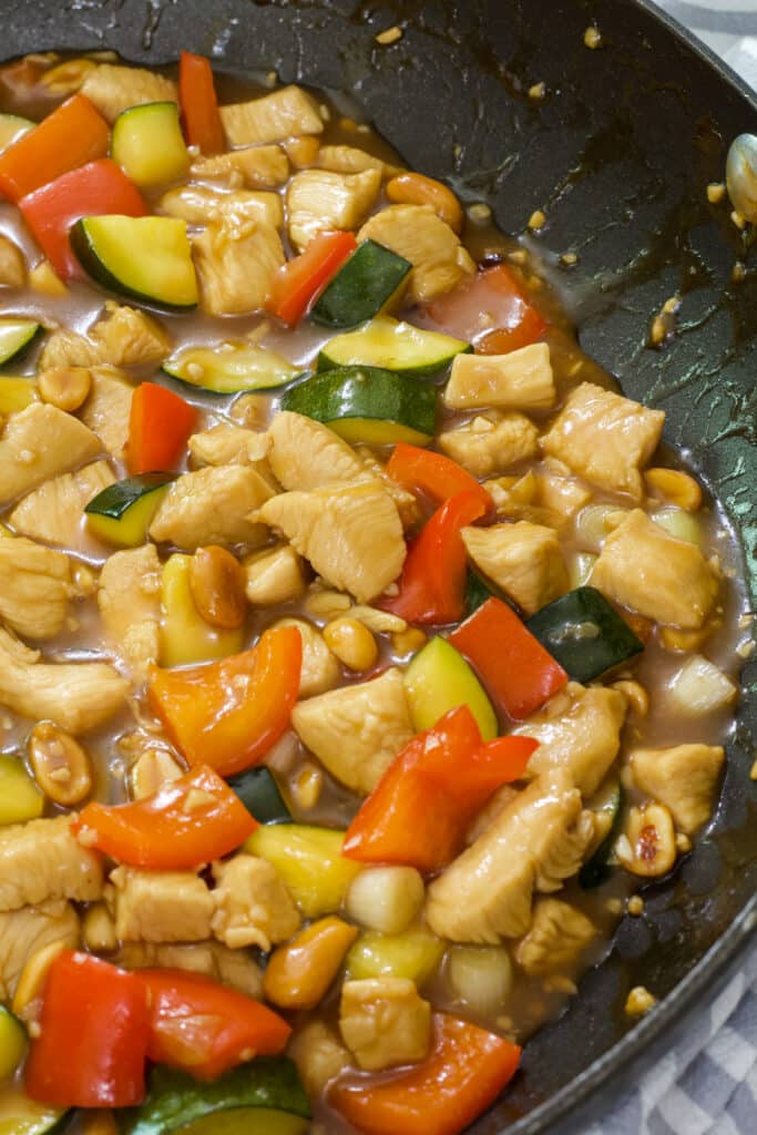 Half of the skillet of Easy Copycat Panda Express Kung Pao Chicken.