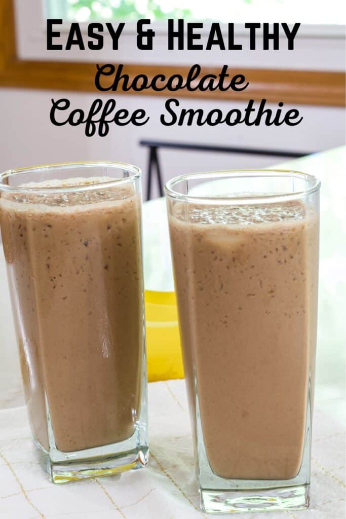 Two glasses of chocolate coffee smoothie with the recipe title above it in text.