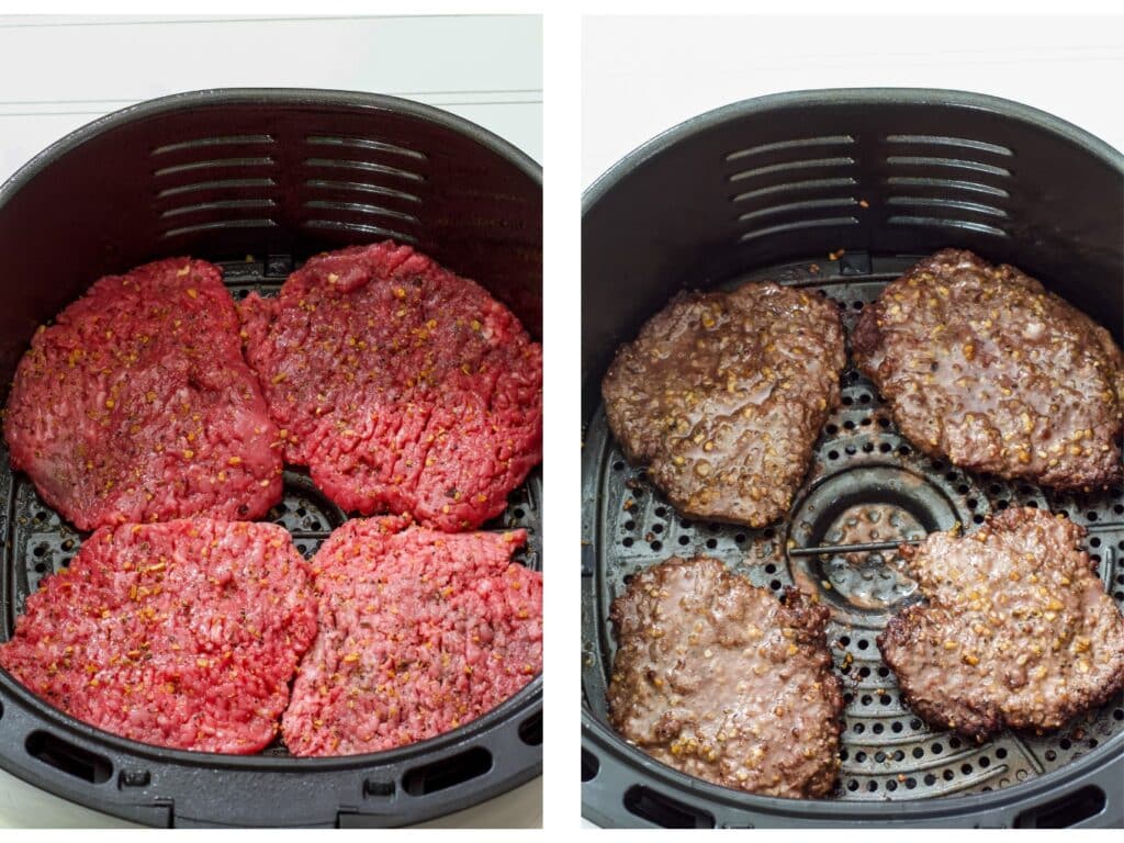 Side by side images of the streaks in the air fryer basket, before and after being air fried.