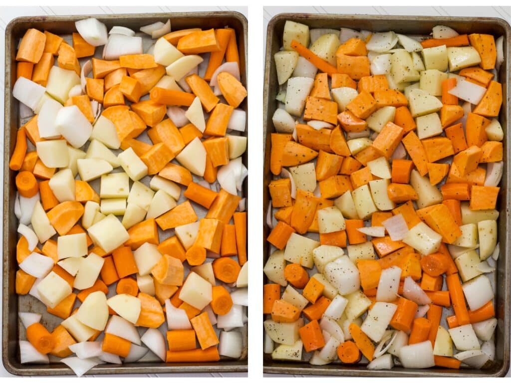 Side by side images of the veggies on a sheet pan, before being roasted on the left and after being roasted on the right.