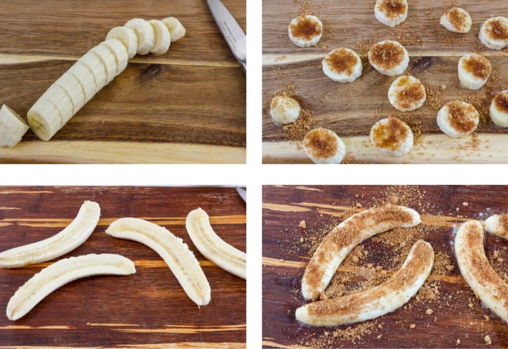 A collage of four images of the bananas cut in half, cut in slices, and both with butter, brown sugar and cinnamon on them before they have been air fried.