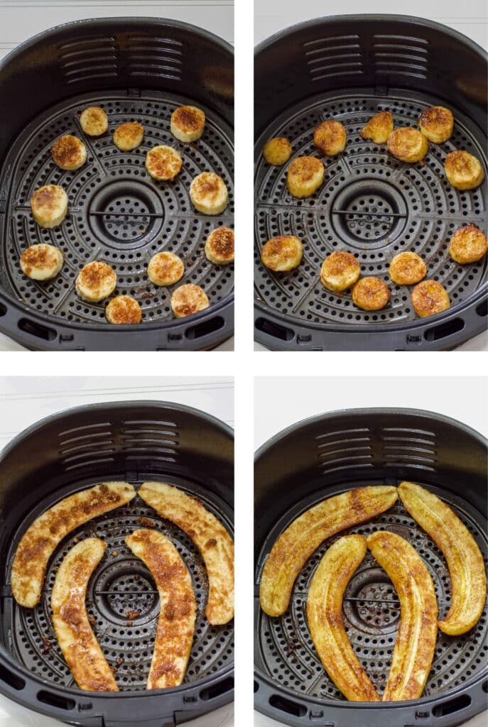 A collage of four images showing the banana slices and the banana halves before and after being air fried.