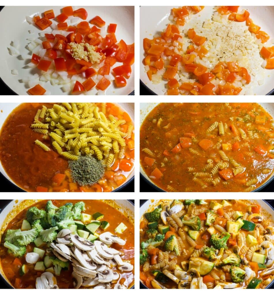 A collage of 6 images that illustrate the steps to make veggie pasta.