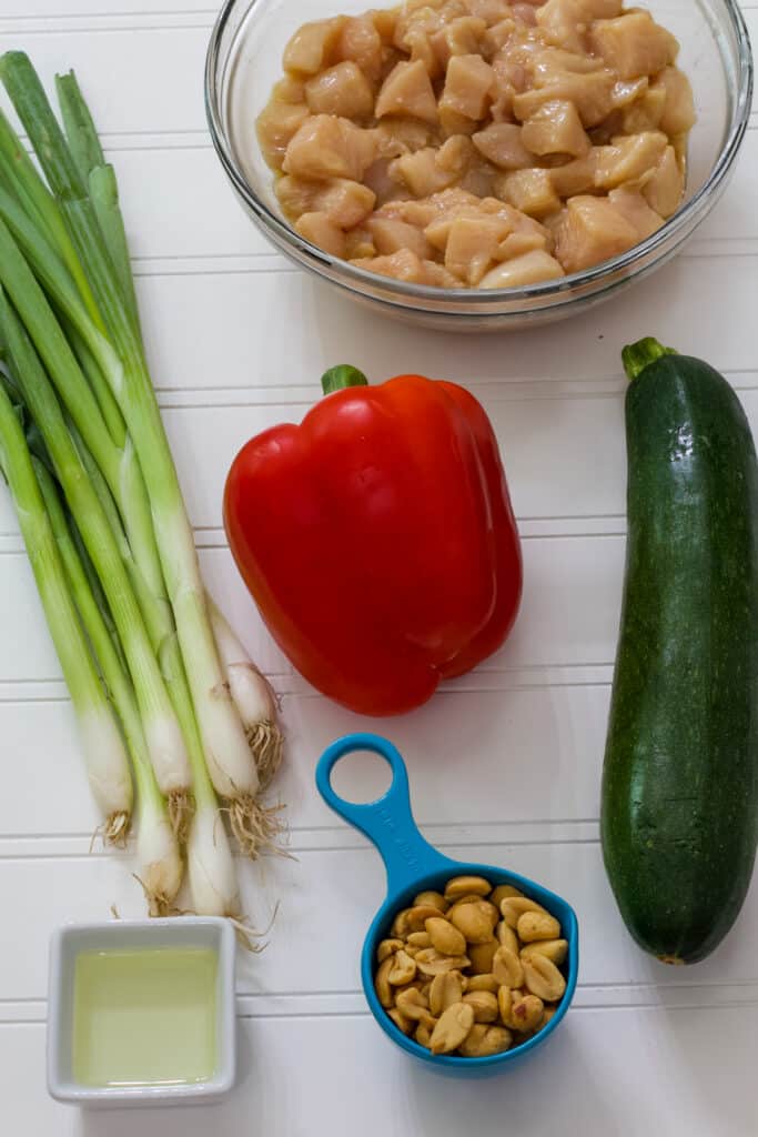 The ingredients needed to make the stir fry measured out.