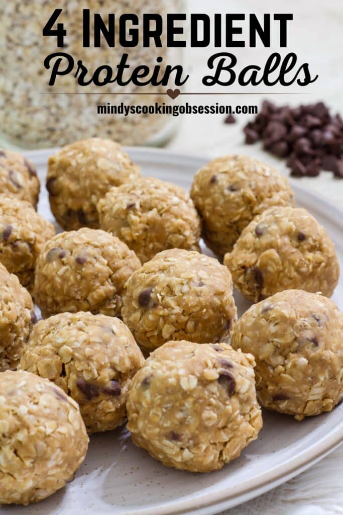 A plate with several 4 Ingredient Protein Rich Peanut Butter Energy Balls with the recipe title in text at the top.