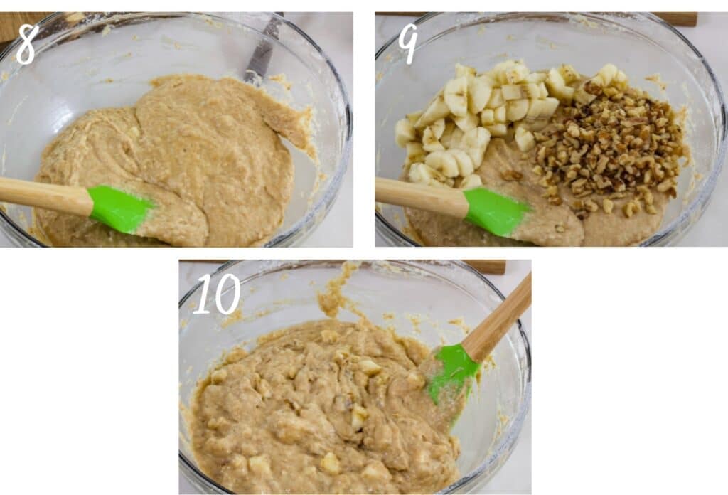 A collage of three images showing the batter, the batter with the nuts and banana pieces on top and with them folded into the batter.