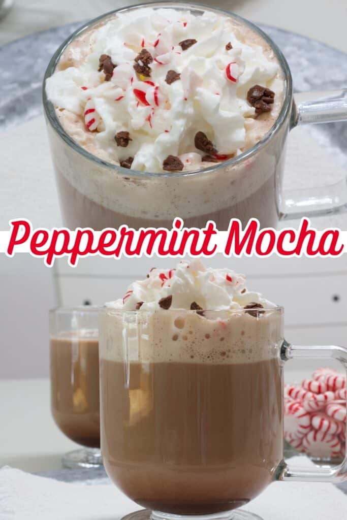 Two photos, the one on top has the top view of the peppermint mocha and the bottom one is a side view. The recipe title is in the middle between the images.