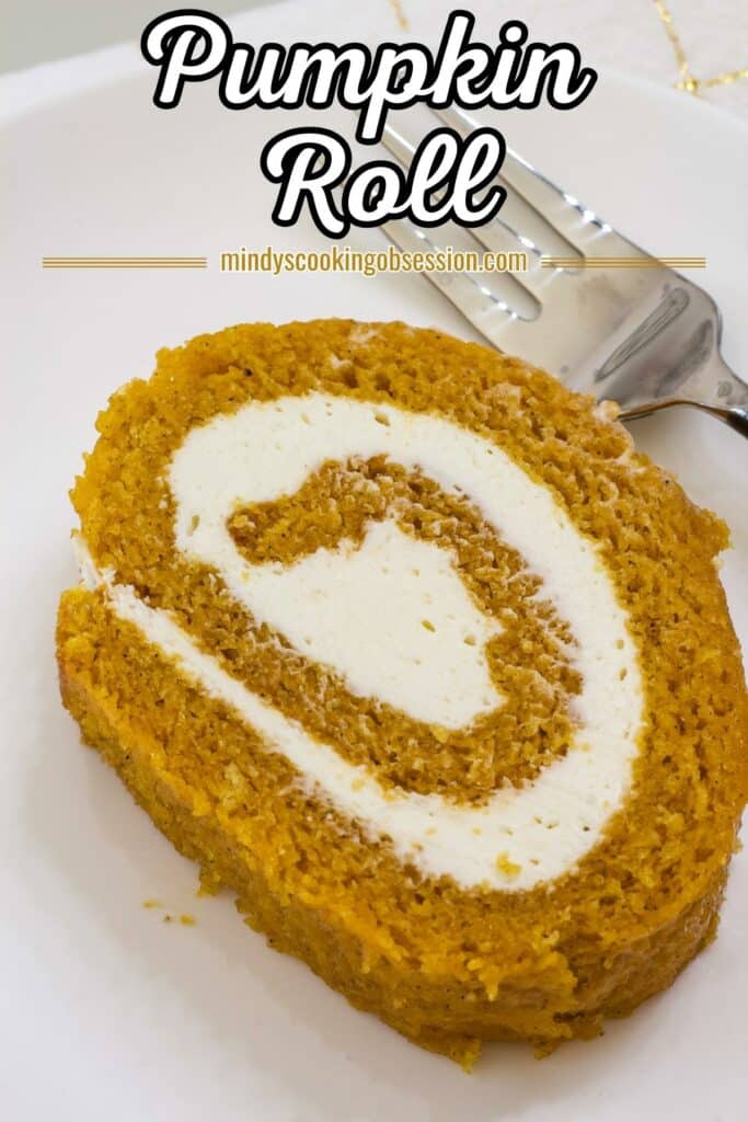 One slice of Libby's pumpkin roll on a white plate, the recipe title in text at the top.