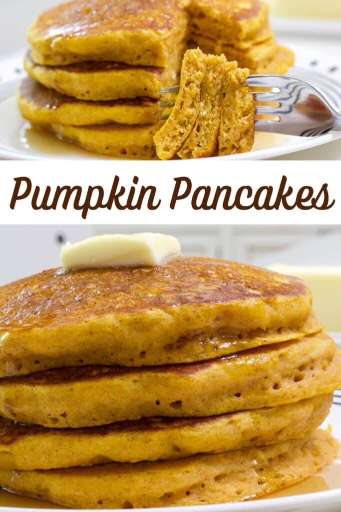 An image to be pinned on Pinterest with two images from the post and the words pumpkin pancakes in the center.