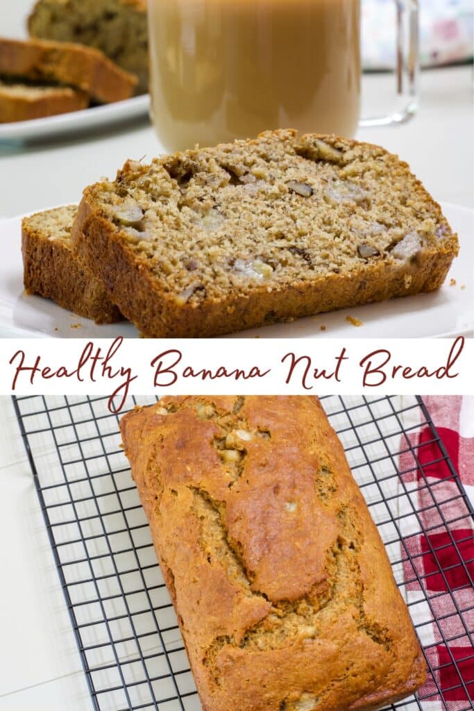 An image of two slices of banana bread on the top half and the entire loaf on the bottom half, with a white line across the middle that has the recipe title.