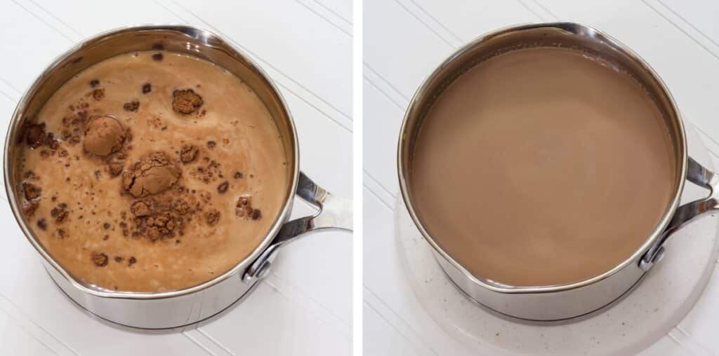 Side by side images of the ingredients in a small saucepan, before and after being mixed.