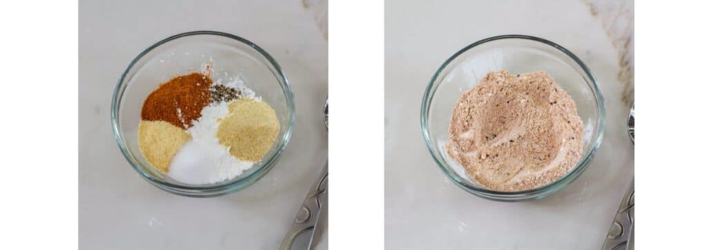 Side by side images of the seasonings in a small glass bowl before and after being mixed.